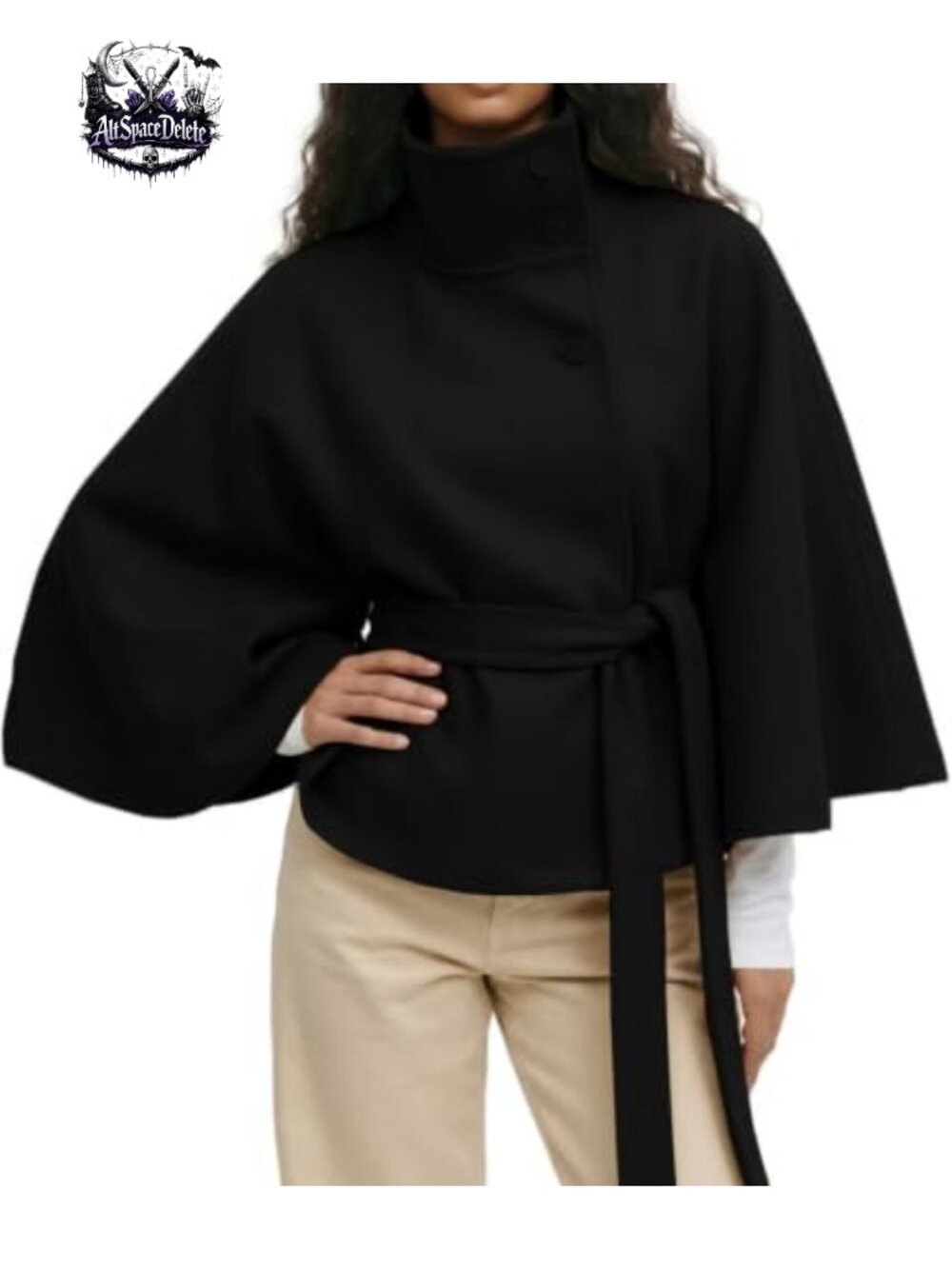 Wool Blend Cape Coat Cropped Poncho Peacoat Batwing Sleeve